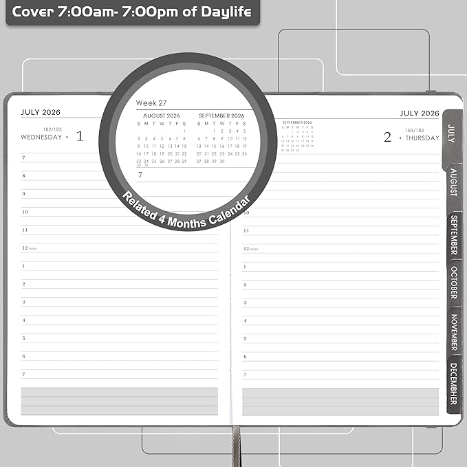 Daily Planner 2026-2027 - Diary from July 2026-June 2027, Appointment Book 5.75" x 8-5", Daily Hourly Planner with Tabs, Inner Pocket, Pen Loop, Bookmarks