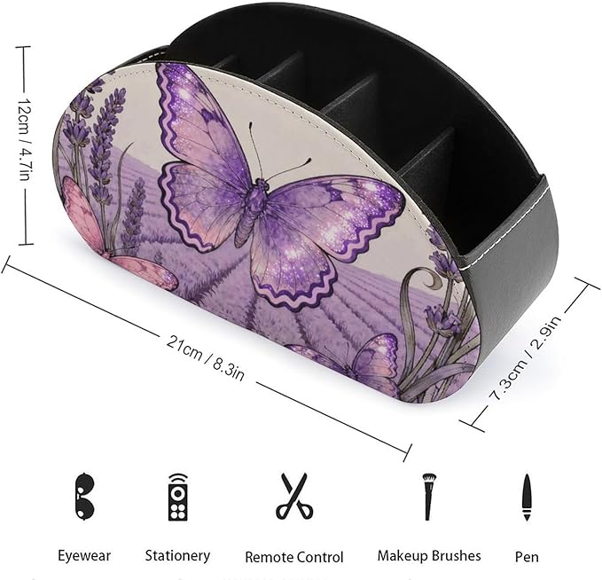 Butterfly Lavender Spike TV Remote Control Holder with 5 Compartments PU Leather Storage Container Caddy Desktop Organizer for Media Player Makeup Brush Pencil Glasses Office Supplies
