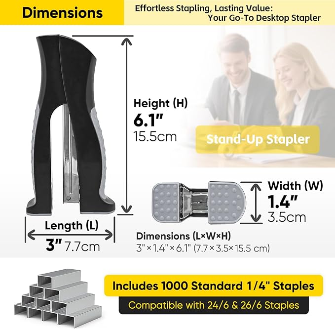 Stand-Up Stapler with 1000 Standard 1/4" Staples, Handheld Ergonomic Soft Grip 2-in-1 Vertical & Flat-Use Desktop Full Strip Stapler for Office, Home, School, Business & Classroom Supplies – Black