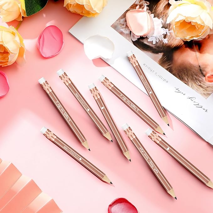 Crtiin 50 Pcs Bridal Shower Pencils Half Golf Wedding Pencils with Eraser 4 Inch Short Pocket Pre Sharpened for Wedding Game Bridal Shower Presents Classroom School(Rose Gold)