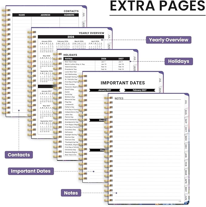 Planner 2026-2027, Monthly and Weekly Academic Planner July 2026 - June 2027, Hardcover Student Teacher Planning Agenda Calendar Book with Tabs, Perfect for Office School Supplies, A5 (6.3" x 8.5") - Moonlit Blooms