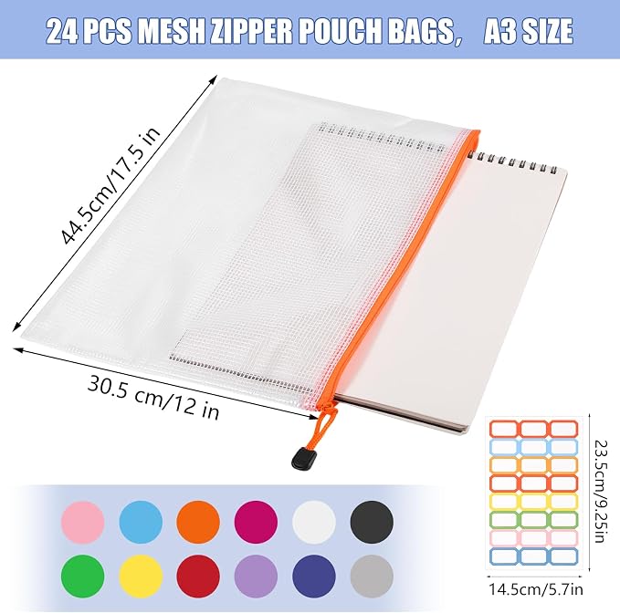 Thboxes 24 Pack Mesh Zipper Pouch Bags, A3 17x12 Inches Large Mesh Bag with Sticky Labels - 12 Colors Waterproof Zipper Bags for Classroom, Board Game, Puzzle, Office Files, Travel and Home Storage