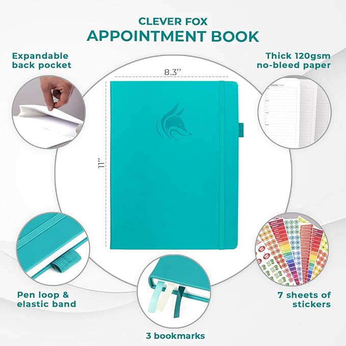 Clever Fox Appointment Book – Hourly Schedule Planner with 15-Minute Increments – Time Box Planner for Daily Work & To-Dos – Weekly & Monthly Spreads, Undated, Hardcover, 8.3x11″ (Turquoise)