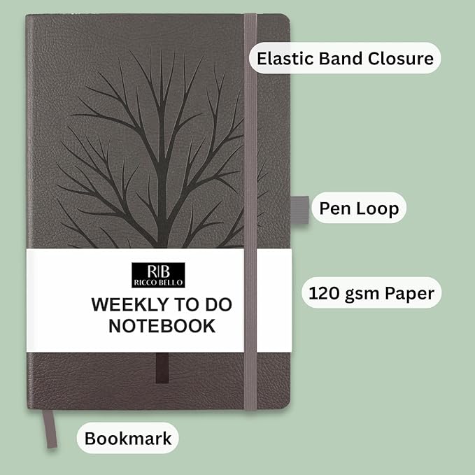 RICCO BELLO Undated Weekly Planner To Do Notebook | Faux Leather, Hardcover, for Work, School, Home with Pen Holder, Bookmark, Band Closure, Storage Pocket, 5.7 x 8.4 Inches (Tree)