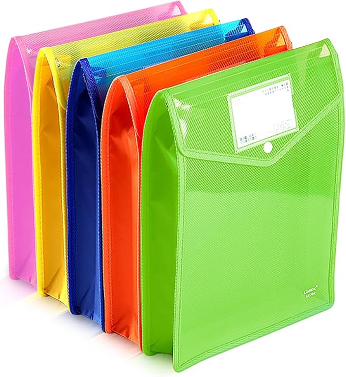 5 PCS Plastic File Folders, A4 Document Folder Pockets Envelopes, Waterproof Wallet Folder with Snap Closure for Home School Office