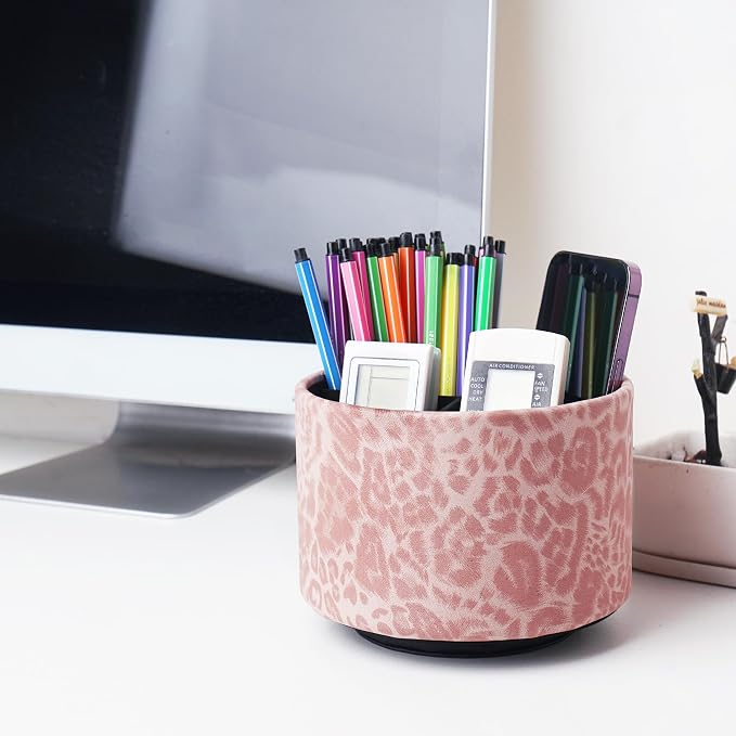 Round Leather Art Supply Organizer,Remote Control Holder,360 Degree Rotating,Multi-Functional Pencil Holder,4 Compartments Desktop Stationary Organizer(1-Leopard Pink)