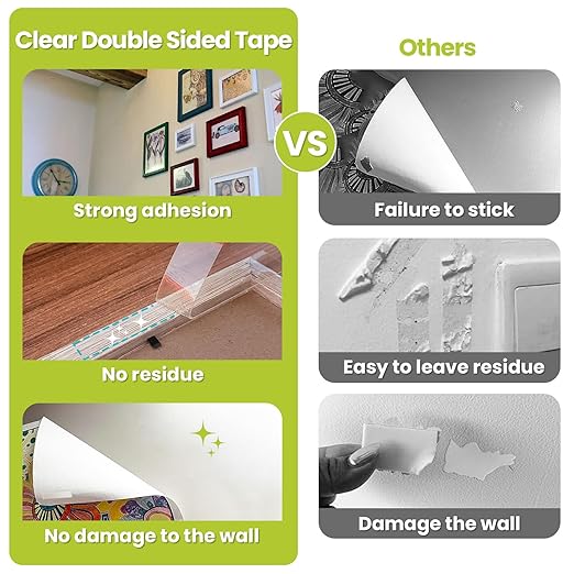 Double Sided Tape Heavy Duty, Removable Nano Double Sided Adhesive Tape, Clear Mounting Tape Picture Hanging Adhesive Strips Waterproof for Walls Photo Crafts Carpet Poster, 2" x 16.5FT