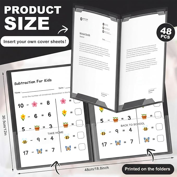 Henoyso 48 Pcs Take Home Folder Heavy Duty 2 Clear Front Pockets and 2 Inside Pockets Homework Folders for School Students Parent Teacher Classroom Communication (Black)