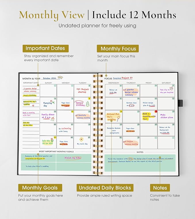 Undated Weekly and Monthly Planner, B5 Large Weekly To Do List Notebook with Goal & Habit Tracker Organizer, Hardcover Spiral Bound Blank Monthly Planner for Work School Home 7.4" x 9.64" Black