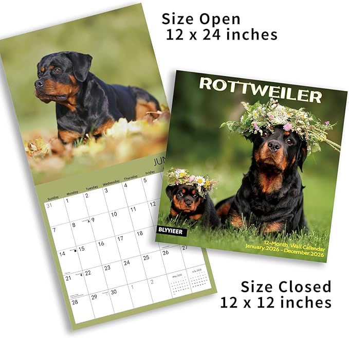2026 Wall Calendar,ROTTWEILER Wall Calendar, 12" x 24" Open,Family Planner Calendar Organizer with ROTTWEILER Images, for Dogs Lovers