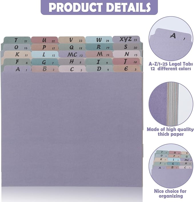 1 Set A-Z Alphabetic and Number Top Label Files, Legal Size, 25 Sheets File Dividers 1/5 Cut Label File Cabinet Dividers Desk Organizer for Office, Home and School (Retro)