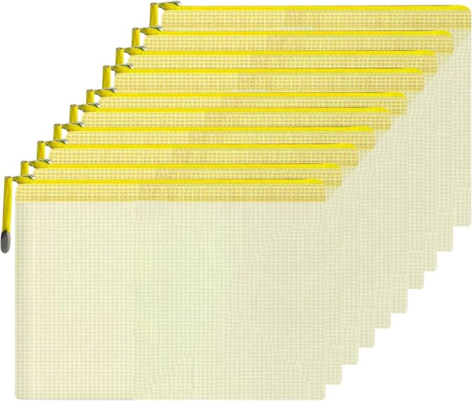 Mesh Document Bag Set of 10, Waterproof Zipper Pouch / A4 Size Zip File, for Household Daily Storage School Office M-D-2B (Yellow, B5 (11.26×7.9 Inch))