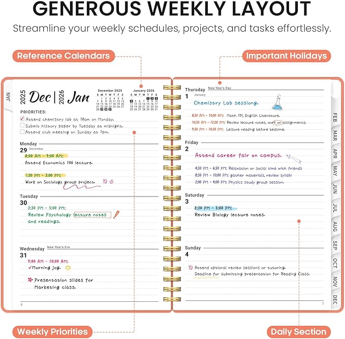 2026 Planner, Weekly and Monthly Calender Planner, Jan 2026 to Dec 2026, Hardcover 2026 Calendar Book with Tabs & Inner Pocket, Office Home School Supplies for Women & Men - A5 (6.3" x 8.5"), Coral