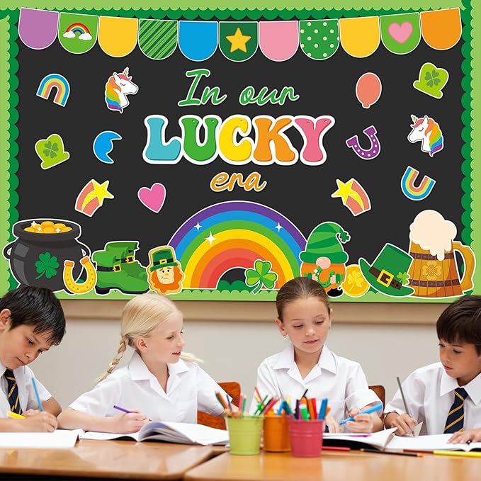 St. Patrick's Day Bulletin Board Decoration Lucky Shamrock Clover Gold Coin Rainbow Irish Clover Unicorn Cutouts March Classroom Bulletin Board Set for School Chalkboard Wall Door Decoration Favor