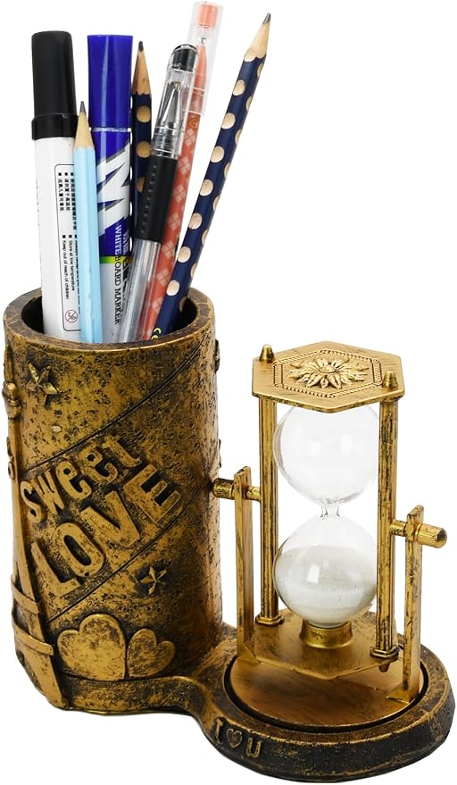 Owlgift Love-Themed Pencil Holder with Hourglass, Resin Desktop Organizer for Office & Study, Pen Holder with Sand Timer, Classic Love Addition Scissors Storage, Artistic Accessory Gift for Lovers
