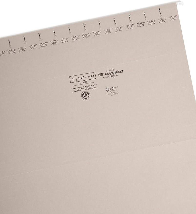 Smead TUFF® Heavy Duty Hanging File Folder with Easy Slide Tab,1/3-Cut Sliding Tab, 7 Times Stronger Than Standard Hanging Folders, Legal Size, Steel Gray, 18 per Box (64093)