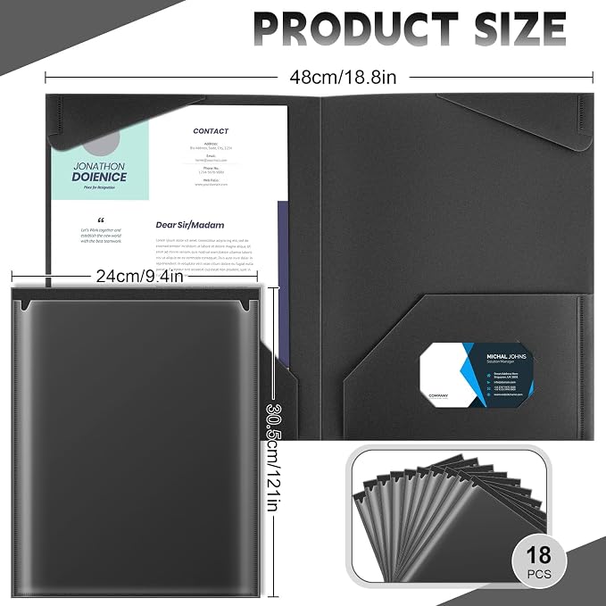 Henoyso 18 Pack Black Plastic Folders with Clear Front Pockets Heavy Duty File Folders with 2 Pockets and Card Slot for Student Communication School Office Presentation Report
