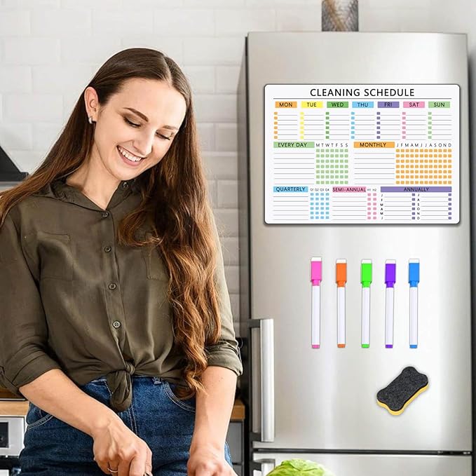 Cleaning Checklist Dry Erase Magnetic Whiteboard for Refrigerator – Daily, Weekly & Monthly Planner with 5 Highlight Markers & Eraser – Household Chore Schedule, Kitchen Organizer, Family Task Planner