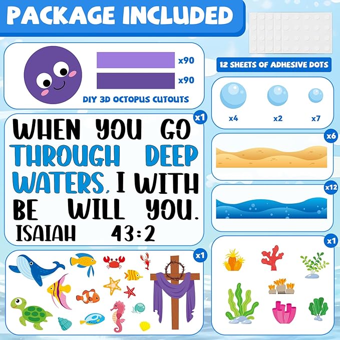 Christian Religious Under The Sea Bulletin Board Set Bible Verse Back to School Ocean Sea Animal Classroom Bulletin Board Decorations DIY 3D Octopus Cutouts for Sunday School VBS Chalkboard Wall Decor