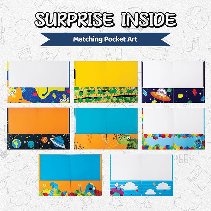 8 Kids Pocket Folders - Homework Folders in Futuristic Robots, Spaceships and Blocks Themes - Kids Folders with Pockets -8 Unique Designs in Front and Back Cover- 2 x 9.25 inch (8 Pack)