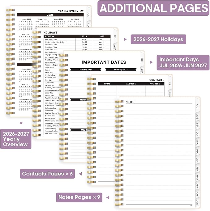 Academic Planner 2026-2027, Weekly and Monthly Calendar Book, July 2026 – June 2027, Hardcover Planner with Tabs, Perfect for Teachers, Students, Women & Men, A5 (6.4" x 8.5") - Sea Shell