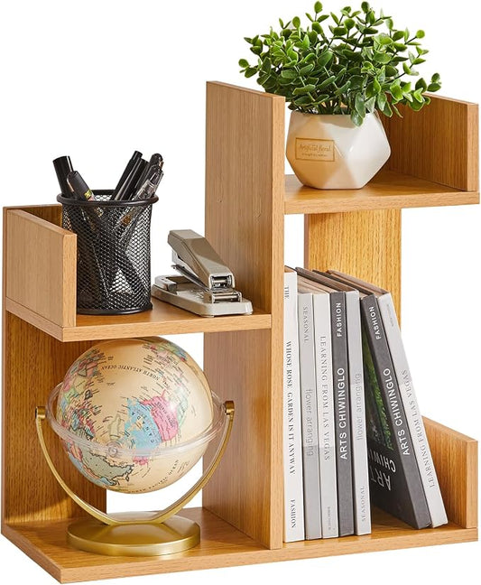 Aibiju Short Bookshelf Small Desk Organizer, Cactus Bookshelf Unique Bookcase, Book Display Shelf Small Plant Stand for Tabletop, Natural Wood Color YD-DSR002N