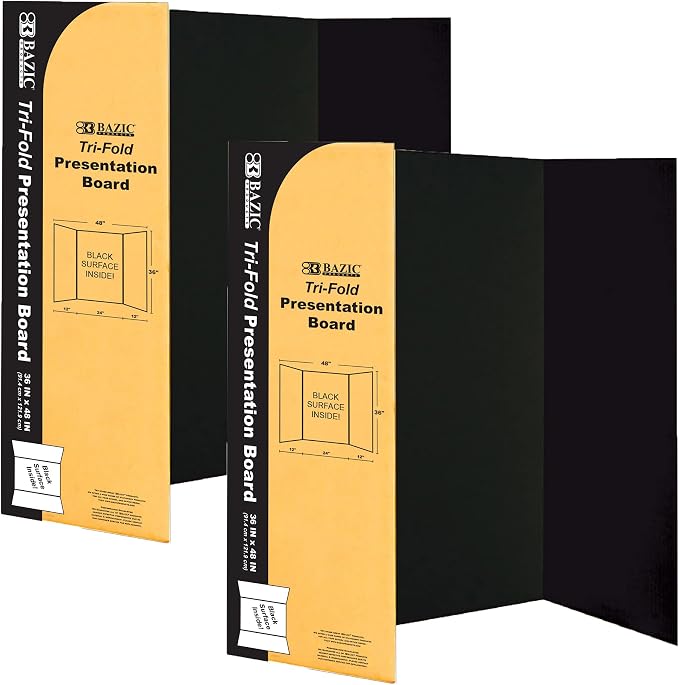 BAZIC Products Black Tri-Fold Presentation Board, 36 x 48 in, Corrugated, for Science Fair Displays, 2 Pack