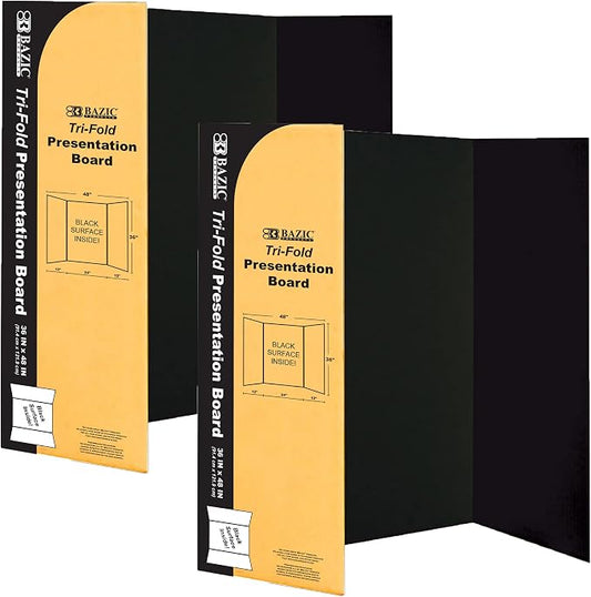 BAZIC Products Black Tri-Fold Presentation Board, 36 x 48 in, Corrugated, for Science Fair Displays, 2 Pack