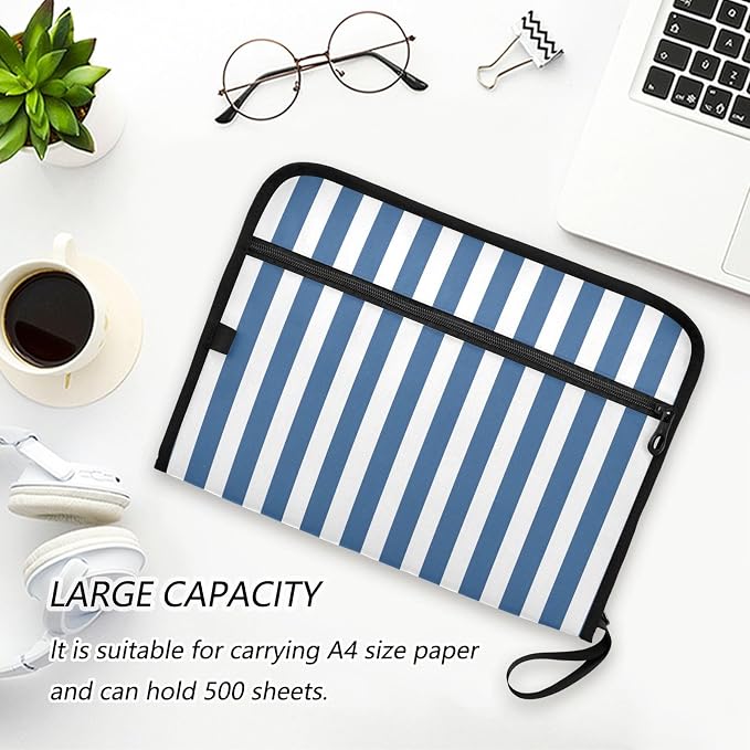 ALAZA Blue White Striped 13 Pocket Expanding File Folder with Labels, Accordion File Folder File Organizer Letter A4 Paper for Office School Student