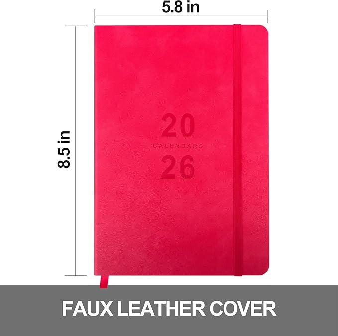Daily Planner 2026, Calendar 2026 Agenda Planner Daily Journal Notebook 8.5"x5.8", January 2026 to December 2026, Faux Leather Cover (Red, 8.5"×5.75")