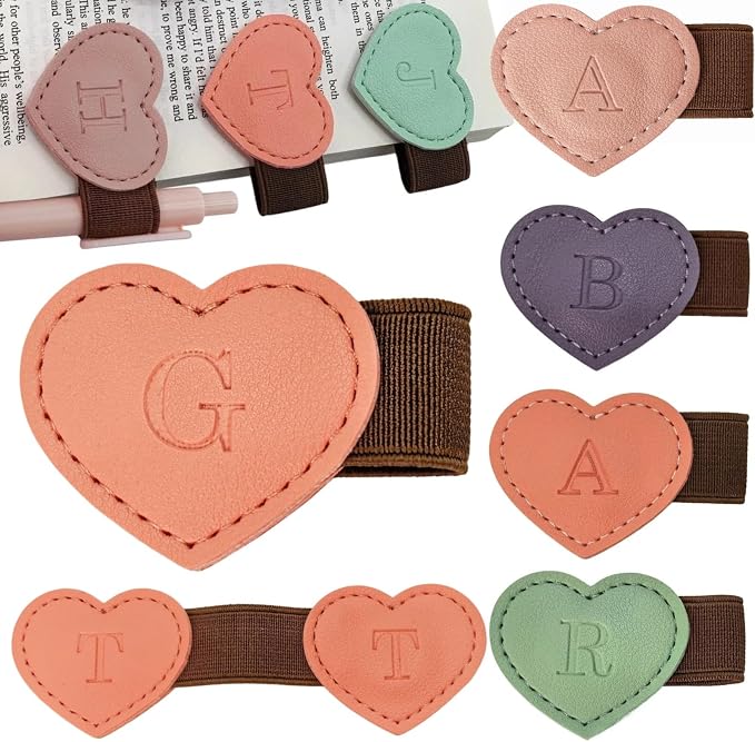 Personalized Magnetic Leather Heart Bookmark with Pen Holder - 26 Letters Custom Book Mark Notebook Pencil Loop with Initial Book Marker for Readers, Book Lovers- Gifts for Women Men(Black & Orange,G)
