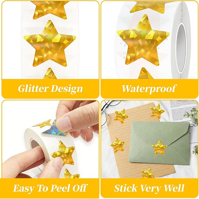1000 Pcs 1.5 in Large Holographic Gold Star Stickers, Big Sparkly Foil Stars for Kids Reward, Self Adhesive Metallic Shiny Labels for Teacher Classroom Supplies, Craft Decoration