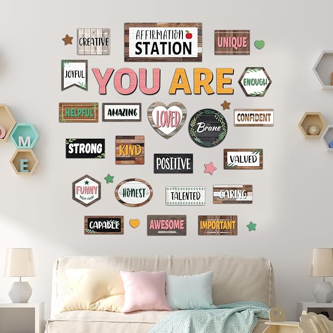 Classroom Affirmation Station Bulletin Board Set Motivational Bulletin Board for Classroom Door Decorations Wood Grain Mental Health Posters You are Positive Cutouts for Teachers School Wall Supplies