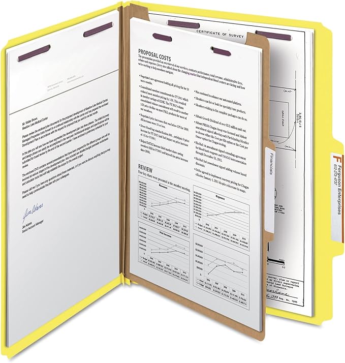 Smead Pressboard Classification File Folder with SafeSHIELD Fasteners, 1 Divider, 2" Expansion, Letter Size, Yellow, 10 per Box (13734)