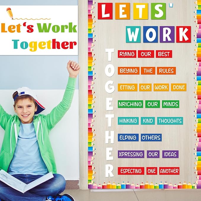 Motivational Bulletin Board Decorations for Classroom Let's Work Together Wall Inspiration Door Decor Colorful Pencil Cutouts for Back to School Elementary Home Wall Door Supplies