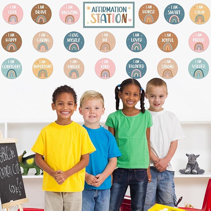 BOHO Affirmation Station Bulletin Board Set Rainbow Positive Bulletin Board for Classroom Mirror Growth Mindset Decoration Inspirational Motivational Accent Cutouts for Home School Teacher Wall Supply