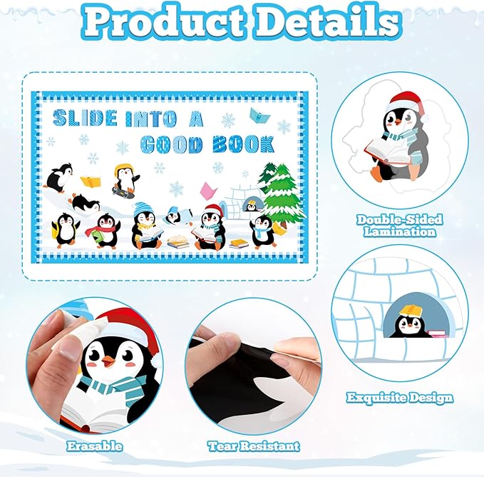 Winter Penguin Reading Bulletin Board Set Winter Christmas Library Classroom Decorations Books Snowflake Paper Cutout Blue Bulletin Board Border for Xmas Holiday School Wall Decor Teacher Supplies