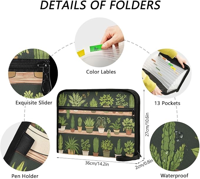 ALAZA Cactus Expanding File Folder, 13 Pockets Expandable Document Organizer Folder with Zipper Closure for Home Office A4 Letter Size Paper Document