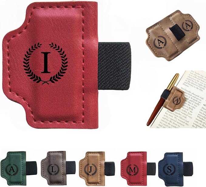 MOTEERLLU Custom Bygonemark Personalized Magnetic Leather Pen Holder Bookmark with Initial for Reading Women, Men, Teacher, Book Lovers Gifts & Accessories(Red,I)