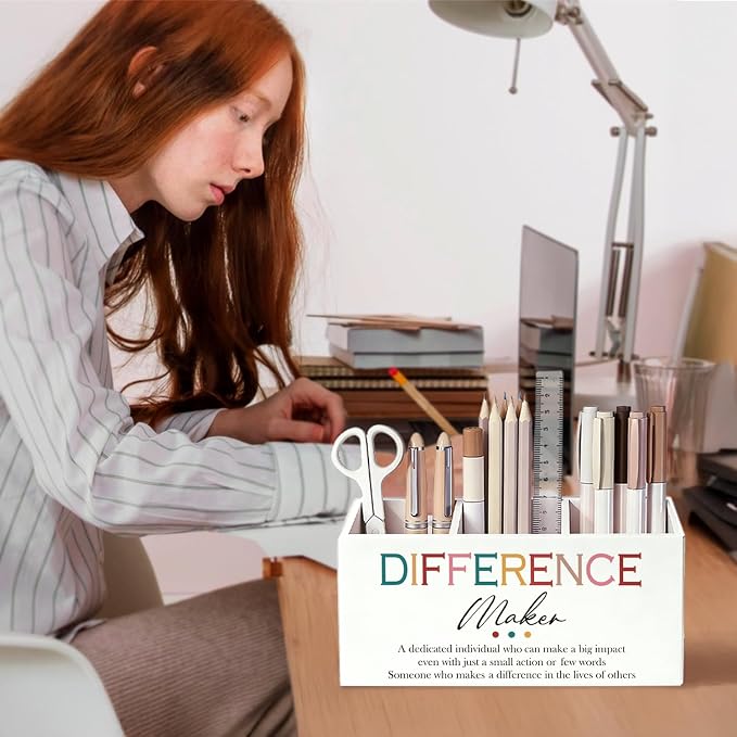 Difference Maker Gift Pen Pencil Holder for Desk, Thank You Gifts for Teachers Coworkers, Appreciation Gifts for Women Men Wooden Box Sign Decorations for Office Workplace Desk Tabletop