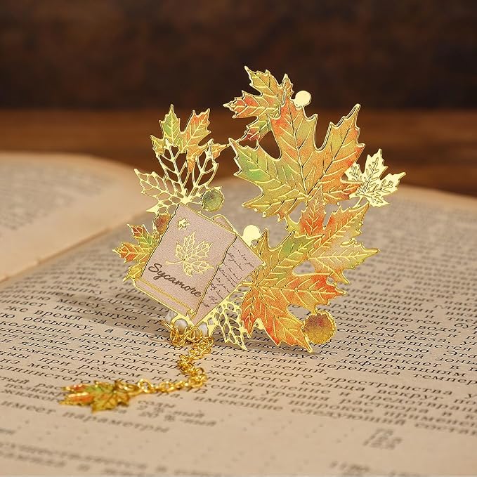 icceemee 2PCS Maple Leaf Theme Bookmark, Cute Bookmark for Women with Hollow-Out Square & Irregular Design, Natural Tassel Book Marks Set in Gift Box, for Book Lovers