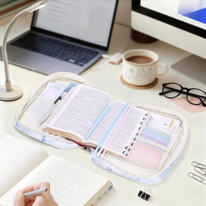 XKDOUS Bible Cover for Women Church Book Holder Quilted Carrying Case with Handle, Tabs, Study Supplies Portable Bible Bag Journaling Kit Christian Gifts for Mom Lady