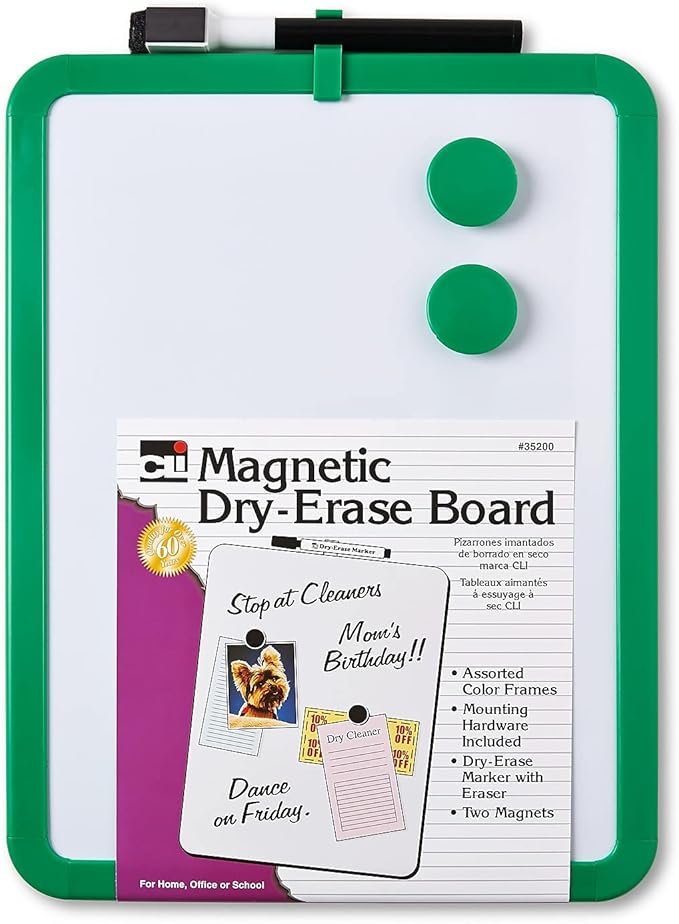 Framed Magnetic Dry Erase Board with Marker & Magnets, Assorted Colors, 8.5" x 11", Pack of 1