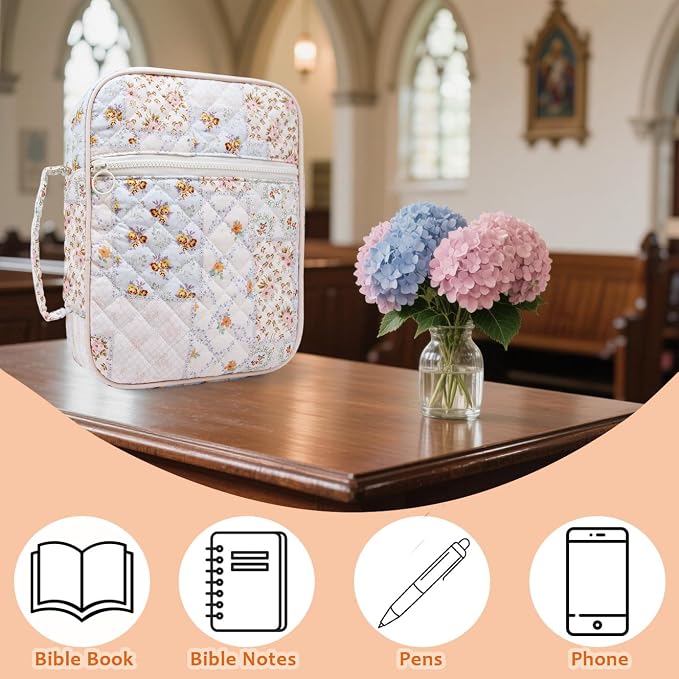 Bible Cover Case For Women,Large Bible Bag with Study Supplies,Quilted Bible Carrying Case for Girls,Portable Bible Case with Highlighter, Pens,Tabs,Bible Study Gifts for Women