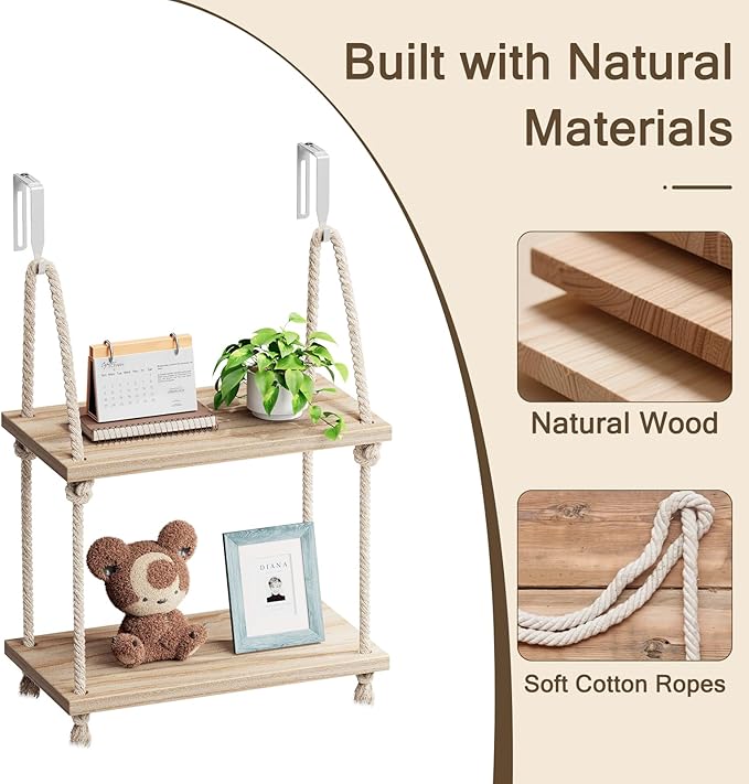 2 Tier Cubicle Shelf for Walls, 11.8" Wooden Hanging Wall Shelf with Hooks & Cotton Rope, Boho Style Office Cubicle Accessories for Work, Desk Wall Storage Organizer for Office Decor