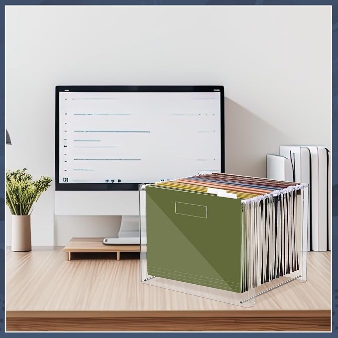 Dispowreath 24 Hanging File Folder with Acrylic Organizer for Letter/a4 Size Desktop Clear File Storage Box with Handles for Home Work Office Use(Neutral,Classic)