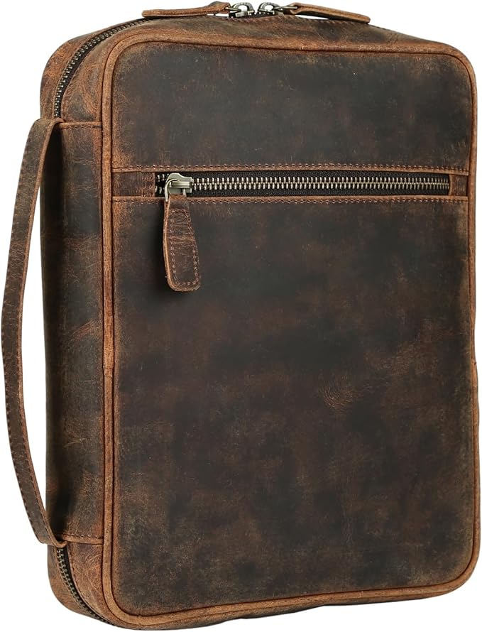 Leather Bible Cover for Men & Women – Zippered Bible Case with Handle, Note & Pen Organizer – Fits Large Study Bible – 11.5x8.5 Inch (Hunter)