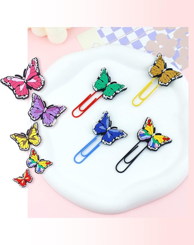 16 Pcs Cute Bookmark Paper Clips Cartoon Silicone Bookmarks with Colorful Paperclips for Kids School Teacher Office Supply Student Stationery (Butterfly Style)