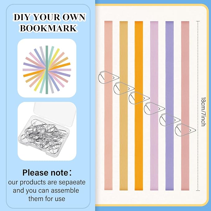 Elastic Bookmarks Set Multi Color Elastic Rope Bands Planner Bookmarks Include 30 Pcs Stainless Steel Teardrop Paper Clips and 12 Pcs Bands for Office School Reader(Cute Color)