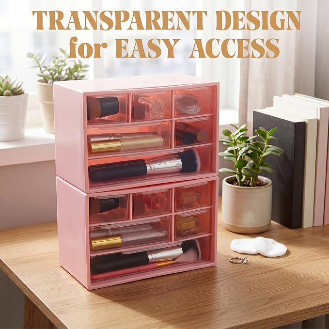 Briwooody 6 Pack Desk Storage Organizer with 6 Drawers 3 Tier Stackable Desktop Storage Box Drawers 7.1''x3.9''x4.7 ''plastic Craft Organizer Drawer for Stationery Makeup Office School(Pink)